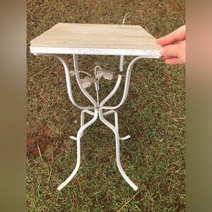 Vintage Italian White Metal Tole Side Table Plant Stand Wood Top Shabby Chic